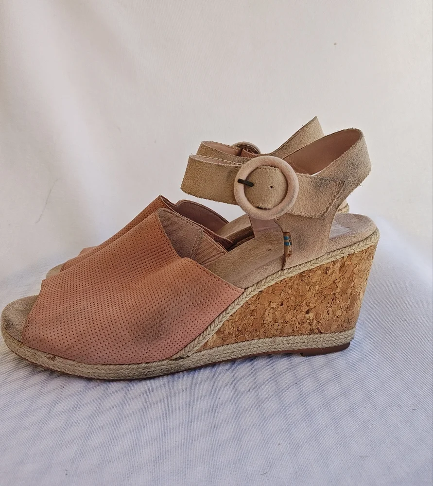 TOMS Tropez Wedge Sandal Nubuck‎ Leather Open Toe Cork 10 Tan Peach Beige